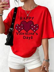 NEWPlayera Roja de Mujer con Frase "HAPPY Valentine's Day! "y Corazones con Puntos, Camia Aesthetic Festiva de San Valentín, Top Moderno de Color Rojo Vivo, Blusa Casual para el 14 de Febrer - Rojo - Ver 1