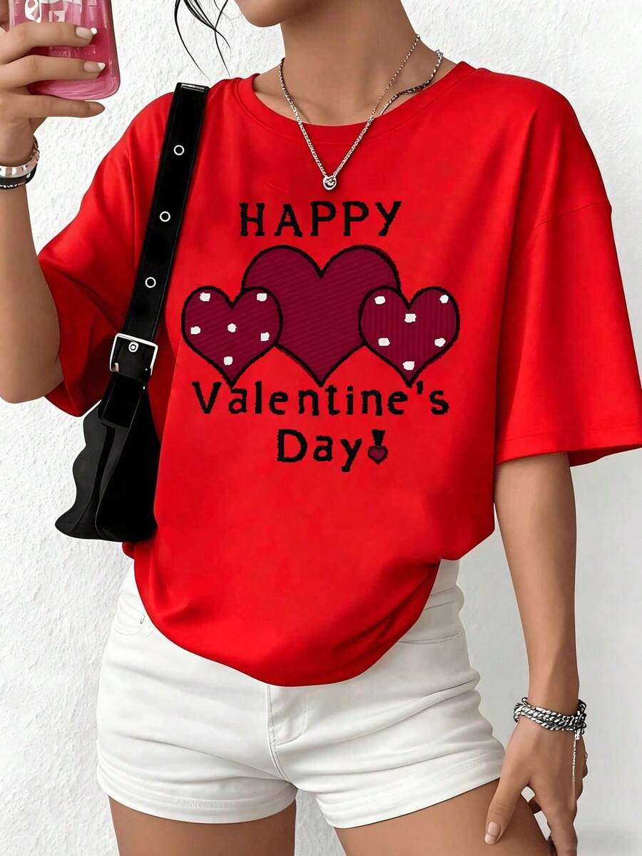 NEWPlayera Roja de Mujer con Frase "HAPPY Valentine's Day! "y Corazones con Puntos, Camia Aesthetic Festiva de San Valentín, Top Moderno de Color Rojo Vivo, Blusa Casual para el 14 de Febrer - Rojo - Ver 1