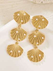 1 Pair Exaggerated Multi-Layer Gold Earrings For Girl, Style Niche Asymmetrical Wavy Shell Dangle Earrings - Multicolor - View 4