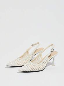 Zapatos de tacón alto para mujer primavera/verano nuevos con punta fina y tacón de aguja, tejidos huecos transpirables, elegantes, versátiles y cómodos para uso diario & fiestas - Blanco - Ver 3