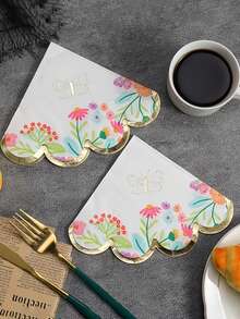 20 st eleganta guldfärgade präglade blom- och fjärilsservetter med volangkant – engångs, lämpliga för födelsedag, baby shower, vårtebjudning, bröllop, brudshower och pappersdukning - Flerfärgad - Visa 3