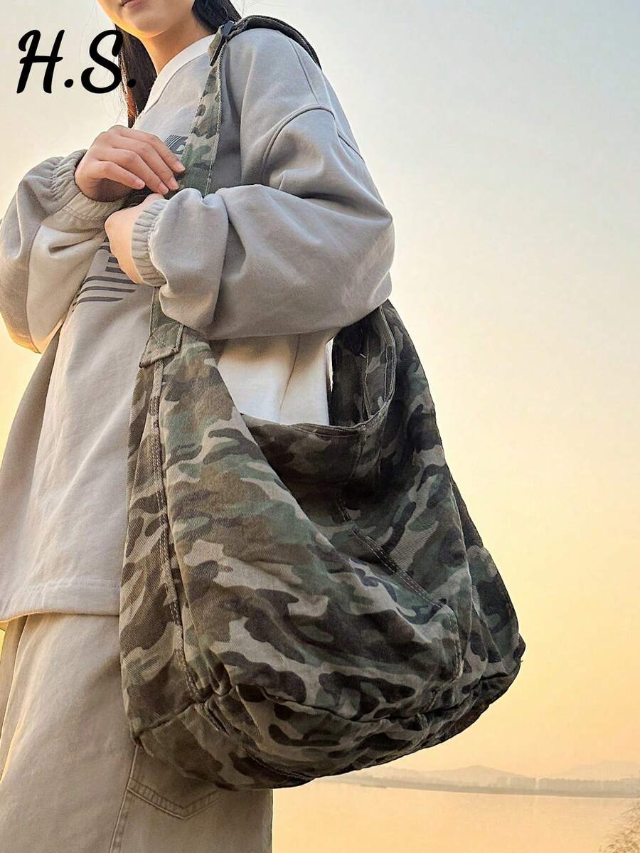 2026新款女款大容量帆布包，戶外露營健行探險多功能布包，簡約休閒百搭拉鍊開合斜背包，適合日常使用，學院風學生書包，短途旅行收納肩背包 - 彩色 - 查看 1
