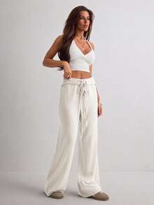 Women's Solid Color Drawstring Waist Wide Leg Loose Casual Pants - White - View 4