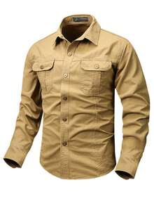 Men's Solid Color Military Style Casual Long Sleeve Button-Down Shirt, Slim Fit Design With Dual Pockets, Suitable For Outdoor & Daily Wear, Rugged Look - Khaki - View 2