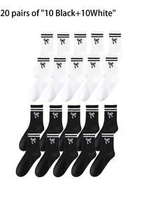 6/8/10/20 Pairs Neutral Classic Bow Pattern Breathable Moisture-Wicking Mid-Calf Socks, Soft Casual Sports Socks, Suitable For Daily Wear - Multicolor - View 16