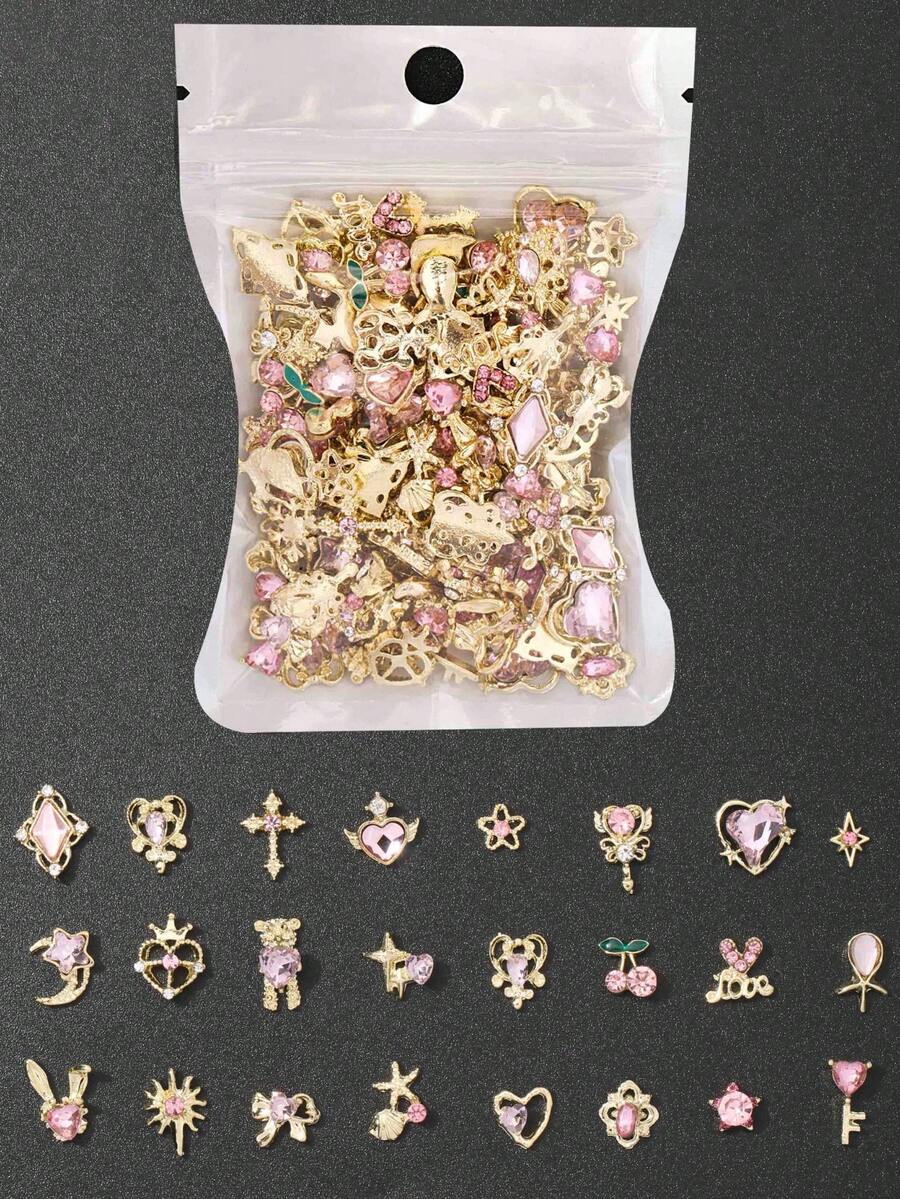 30件隨機金色與粉色美甲飾品,亮晶晶水晶美甲飾品風格,3D心形蝴蝶結星星櫻桃皇冠蝴蝶花朵美甲裝飾,金色美甲飾品適用於女性與女孩,美甲DIY用品 - 粉色 - 查看 1