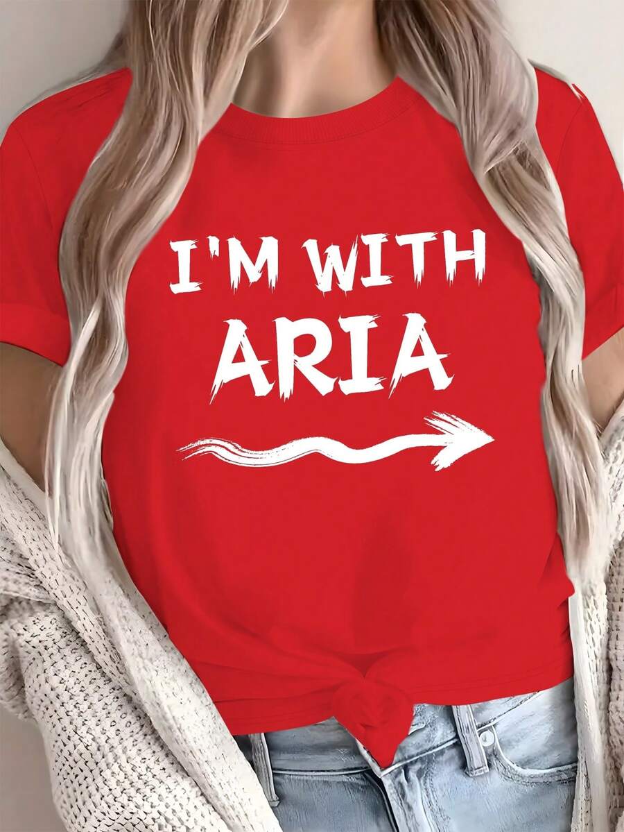 Women's "I'M With ARIA" T-Shirt By TOGETHER, 100% Pure Cotton, Bohemian Style - 100% Casual And Comfortable, With Striking White Lettering And A Right Arrow Design, Suitable For Everyone. - 紅色 - 查看 1