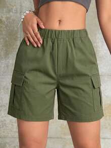 1 Peça Shorts Cargo Casual Solto para Adolescentes Femininas com Múltiplos Bolsos, Estilo Esportivo Chique, Shorts Utilitários para Uso Externo, Primavera/Verão - Verde Militar - Visão 5