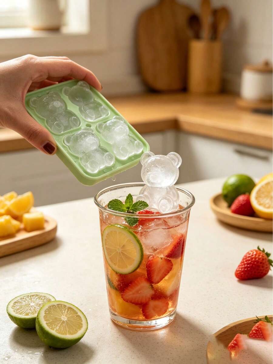 一套创意四合一小熊造型硅胶冰格模具,适用于自制冰淇淋、冰球、冰块和制作冰格。可重复使用,柔软易脱模。适用于小口径运动水壶、果汁瓶和鸡尾酒派对。一套即可满足日常制冰和饮料快速冷却需求。方便冰箱整洁收纳。夏季饮品和开学季必备。冰格,厨房配件,节日必备。 - 彩色 - 查看 1