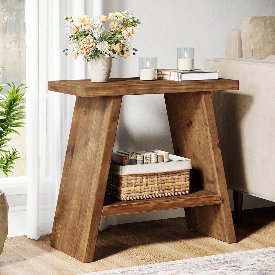 LITTLE TREE 2-Tier Solid Wood Narrow End Table For Living Room, Small Side Table With Storage, Rustic Bedside Table Nightstand For Bedroom, Small Places, 23.62" L X 11.81" W - 水洗棕色 - 查看 1