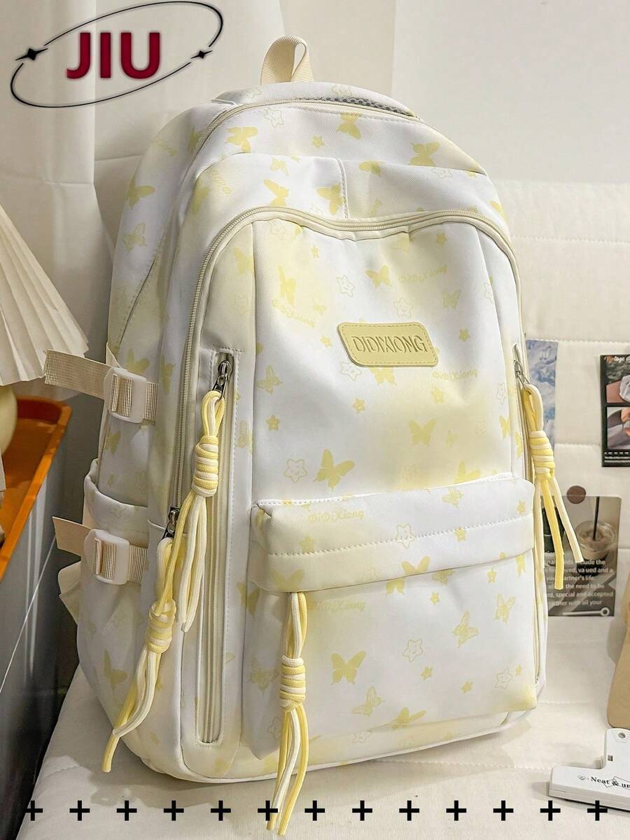 Mochila de nailon con estampado de mariposa y múltiples compartimentos, cabe portátil de 15.6 pulgadas, mochila ligera y multiusos para estudiantes, negocios, viajes y uso diario - Amarillo - Ver 1