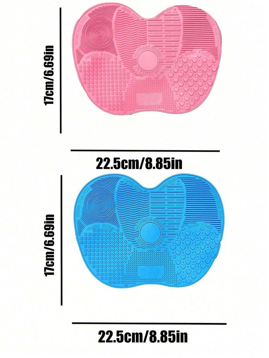 Silicone Makeup Brush Cleaning Mat With Suction Cup, Portable Makeup Brush Cleaning Tool, Apple-Shaped Silicone Makeup Brush Cleaning Pad - 粉紅色和藍色各一件(大) - 查看 1