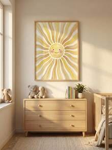 1pc Framed Canvas Baby Room Wall Art Decor, "Smiling Sun" Children's Hanging Painting, Bohemian Style Neutral Tone Sunbeam Art, Neutral Style Nursery Decor, Ready To Hang Framed Artwork, Suitable For Toddler Bedroom, Playroom, Classroom, Baby Shower Gift, Little Sun Theme Gift, Warm And Playful Themed Art, Modern Minimalist Kids Room Accent Decor - Multicolor - View 2