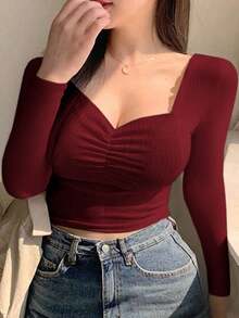 Camiseta de mujer con pliegues, ajustada y versátil para el Día de San Valentín - Beis - Ver 1
