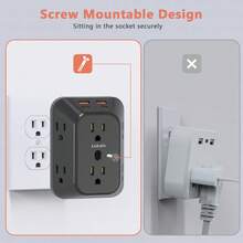 Extensor de toma de corriente de pared con protección contra sobretensiones, 6 tomas de CA ampliamente espaciadas & 4 puertos USB (2 USB C), adaptador cargador de pared multi-enchufe de 4 lados para hogar, viajes y oficina - Negro - Ver 8
