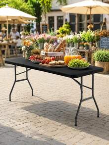 1pc-Black Stretch Spandex Tablecloth 6FT, Fitted Rectangular Table Cover For 72 X 30 Inch Tables, Washable Elastic Tablecloth For Trade Shows, Weddings, Parties And Outdoor Events - Black - View 9