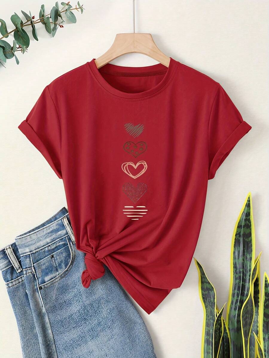 Women's Vintage-Style Short-Sleeved T-Shirt With Round Neck, Black Heart Print, 2026 Fashion, Casual And Sporty Summer Style. - 紅色 - 查看 1