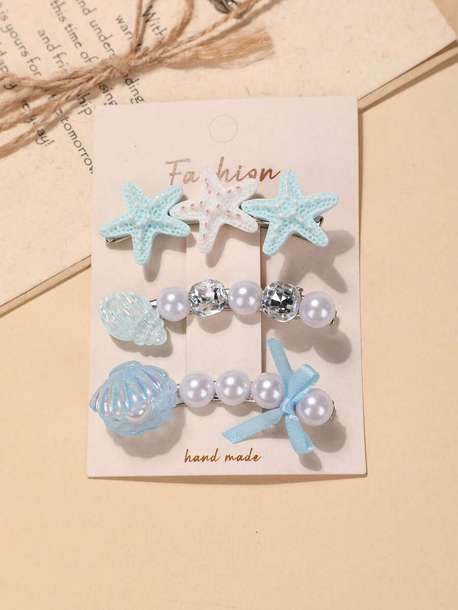 3件組海洋風貝殼與海星蝴蝶結髮夾,可愛瀏海髮飾,珍珠側邊髮夾,髮夾 - 26374藍色 - 查看 1