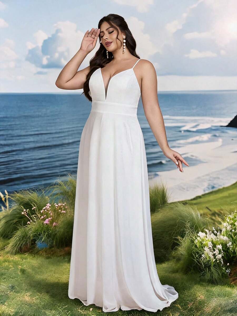 Elasola Gaun Pengantin Tanpa Lengan Berenda Leher V Mgiacy Putih untuk Pesta Musim Semi yang Elegan - Putih - View 1