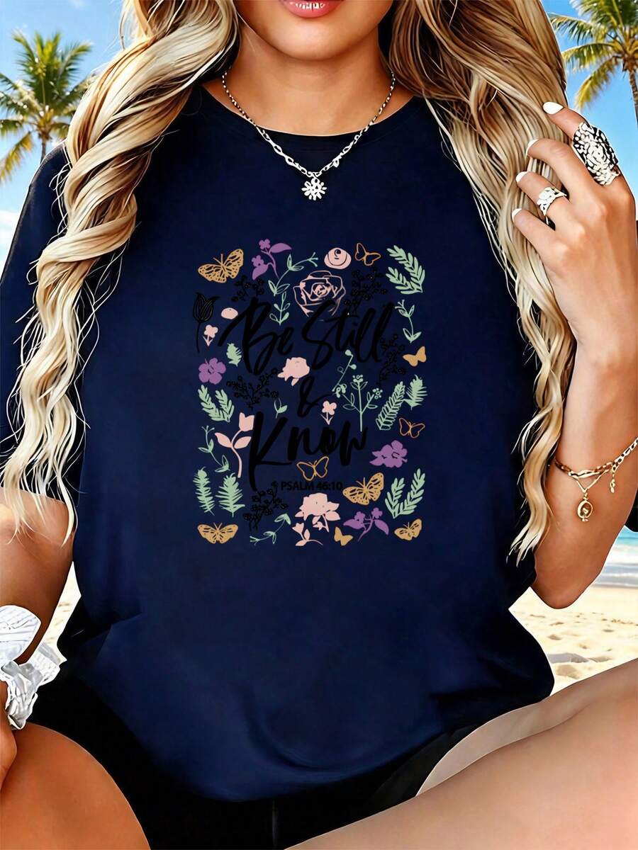 Women's T-Shirt, Flowers And Butterflies, Everyday Summer Wear - 藏蓝色 - 查看 1