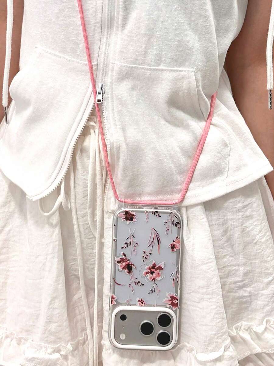 1pc Pink Brown Floral Leaf Design With 1pc Pink Crossbody/Shoulder Strap, Raised Camera Lens Protection, 2 Strap Holes, 1.3mm Thick Transparent TPU Soft Phone Case, Easy To Carry, Outdoor Hiking, Gift For Women Friends, Compatible With IPhone 18PRO/18PROMAX/17/17Pro/Air/17PROMAX/15Promax/15Pro/15Plus/11/12/12Promax/13/13Promax/14/14Promax/14Plus/16/16Pro/16Plus/16Promax