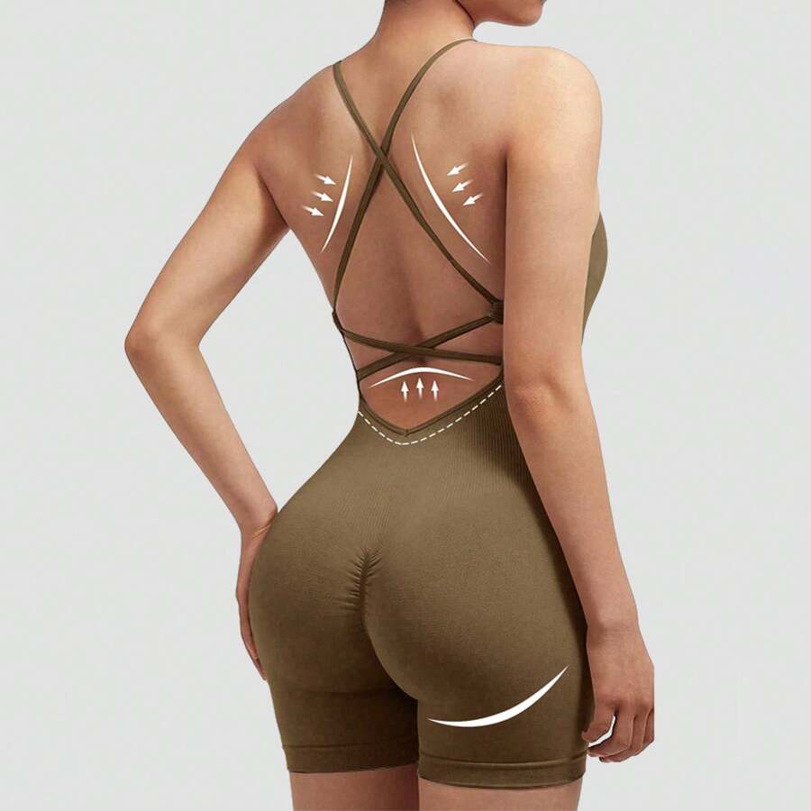 Women's Ribbed Yoga Bodysuit With Crisscross Back And Cutouts, One-Piece Sports Jumpsuit With High Cut And Butt Lifting Effect, Available In 16 Colors - 淺棕色 - 查看 1