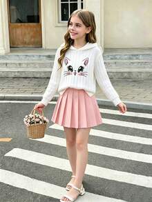 Tween Girl 猫刺绣连帽运动衫和百褶迷你裙套装 - 白色 - 查看 1