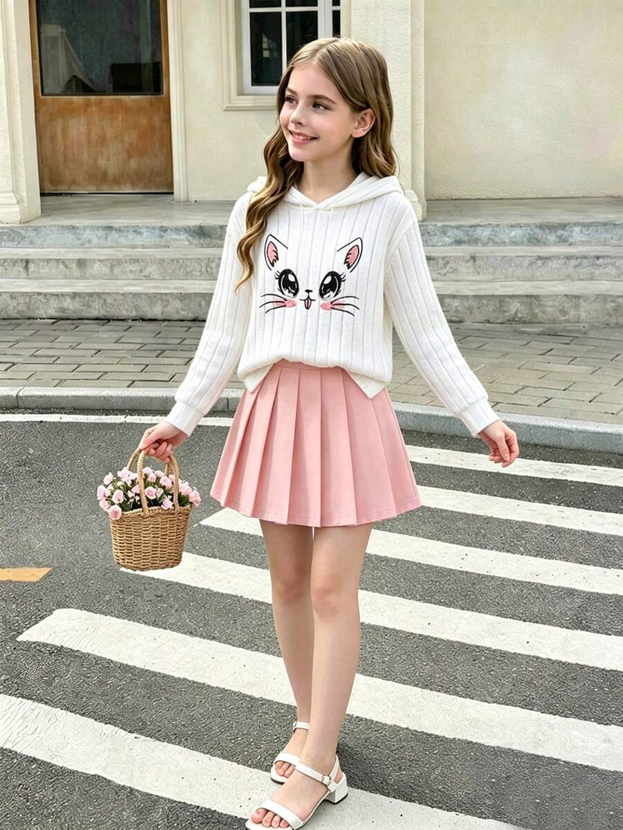 Tween Girl 猫刺绣连帽运动衫和百褶迷你裙套装 - 白色 - 查看 1
