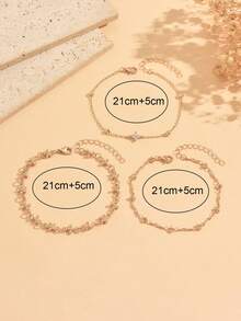 3pcs/Set Classic Popular Small Flower Chain Decor Fashion Rhinestone Four-Leaf Clover Women's Anklet Jewelry Suitable For Daily Wear, Beach Travel And Date Wear, Handmade Chain Cut To Length With Variable Number Of Links - Gold - View 4