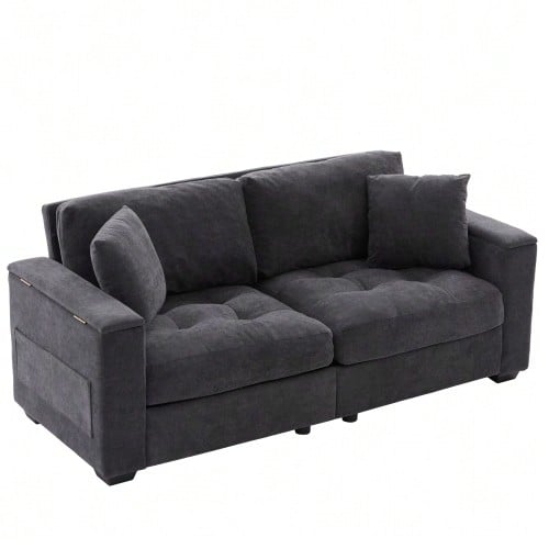 Modern 2-Seater Sofa, 180 Cm, Dark Grey, With Integrated Storage In The Armrest, Soft Chenille Upholstery, 2 Comfortable Cushions And High-Density Foam Padding For Optimal Seating Comfort.