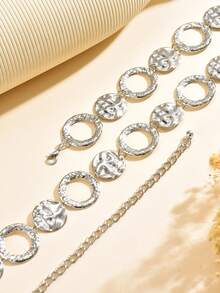 1pc Bohemian Style Geometric Hollow Round Convex Circle Patchwork Chain Silver Metal Waist Chain, Personalized Simple Sexy Women Body Chain, Punk Style Women Fashion Waist Accessory, Gift For Any Holiday - Silver - View 3