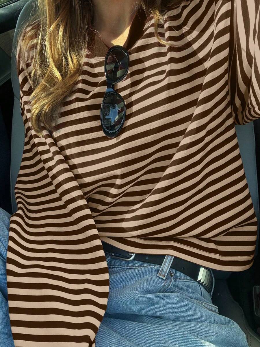 Blusa casual de mujer, tejido de punto acanalado con contraste de rayas, para uso diario, primavera/otoño - Marrón Mocha - Ver 1