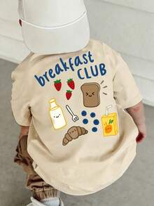 Infant Boy Cute Food Pattern Back Print Basic T-Shirt, Milk Strawberry Croissant Cartoon Pattern Loose Fit Summer Top - Apricot - View 7