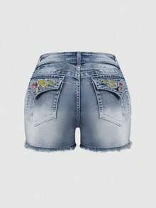 Women's Casual Denim Shorts With Button Closure Medium Stretch Straight Leg Short For Summer - Blue - View 3
