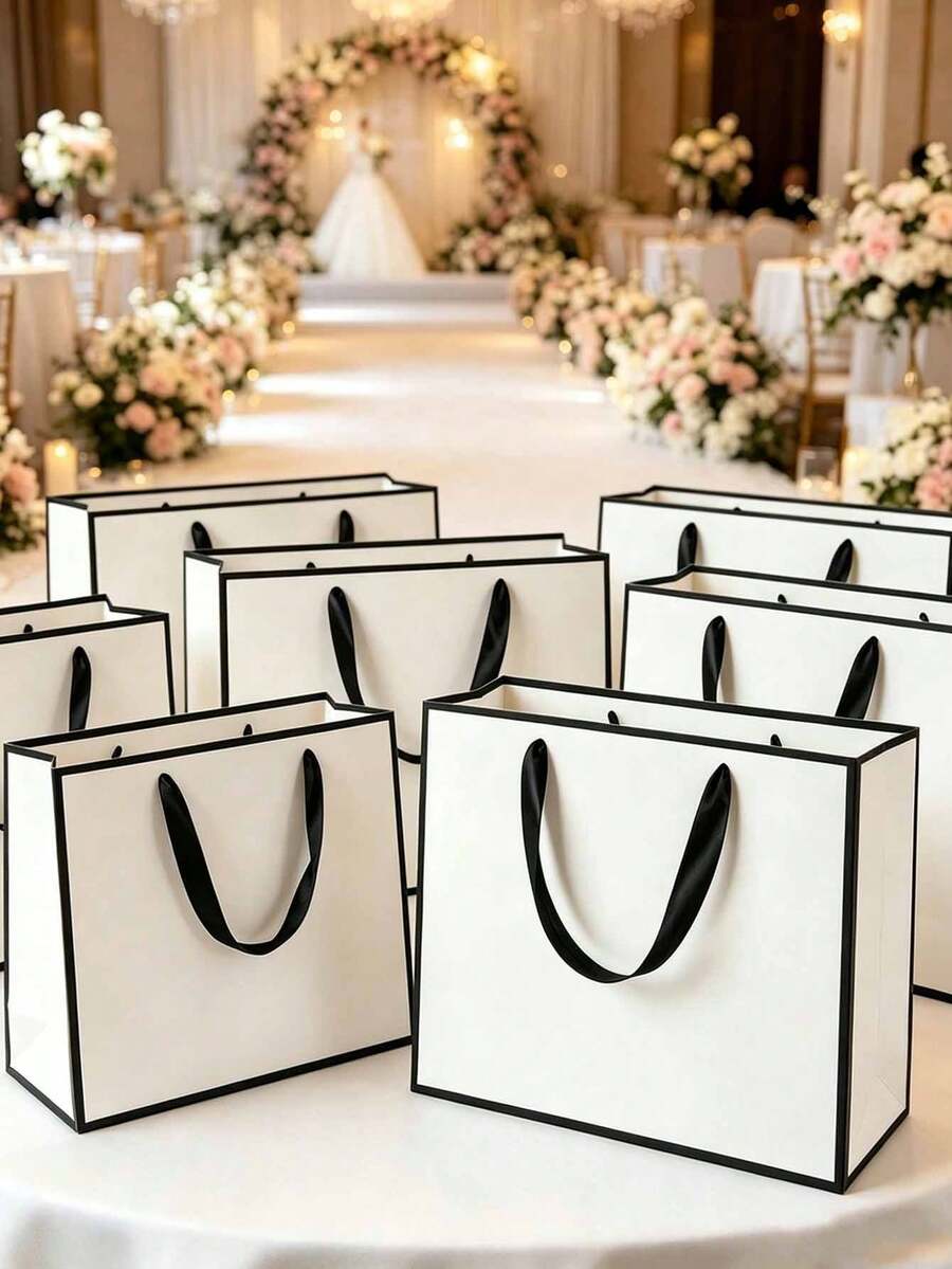 1/5pcs Black & White Gift Bags With Ribbon Handles, Portable Gift Bags, Birthday Gift Bags, Wedding Party Gift Bags, Suitable For Wedding Gifts - Black and White - View 1