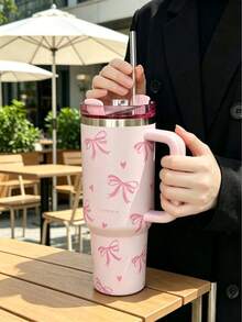 40oz 1200ml 蝴蝶結不鏽鋼保溫水壺，附吸管（內置）與手把。防漏馬克杯，適合運動、健身與旅行。金屬水壺，適用於居家、辦公室與戶外使用。寬口保溫瓶，長效冷熱保溫。 - 彩色 - 查看 8