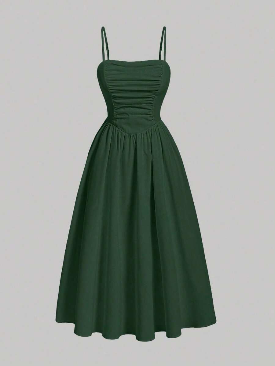 Vestido Cami Fruncido Sólido Lucid, Vestidos Pastel para Mujer - Verde militar - Ver 1