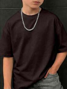 Cool, Solid-Color, Short-Sleeved T-Shirt With A Round Neck For Pre-Teen Boys, Perfect For Summer - 棕色 - 查看 1