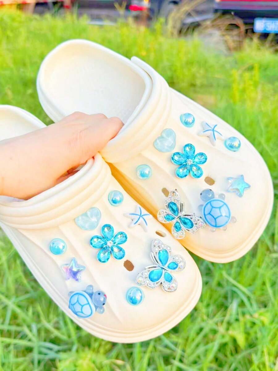 20件白色與金色海洋主題DIY鞋飾，花朵、貝殼、海星可拆卸配件，適用於有孔鞋款，節日禮物