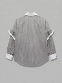 New Fashionable & Elegant Patchwork Contrast Color Button Ruffle Trim Striped Long Sleeve Casual Mid-Length Shirt, Suitable For Vacation, Office, Daily Wear, Travel Spring - Black and White - View 7