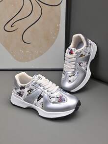 Zapatillas deportivas infantiles con estampado de mariposa, adecuadas para la escuela y escenas de actividad - Plateado - Ver 6