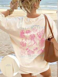 Casual T-Shirt 2026 Marine Animal Print Jellyfish Coral And Phrase Deep Waters Short Sleeve Beach Style Clothing Unisex - 杏子 2 - 查看 1