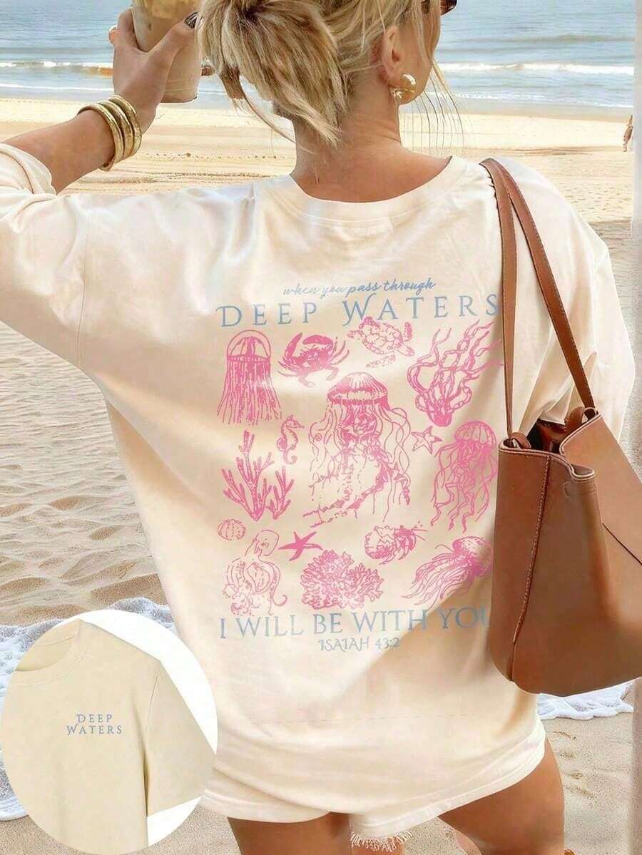 Casual T-Shirt 2026 Marine Animal Print Jellyfish Coral And Phrase Deep Waters Short Sleeve Beach Style Clothing Unisex - 杏子 2 - 查看 1