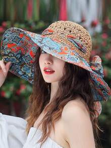 1件女款多功能透氣彩色木珠草帽，鏤空寬簷防曬帽，可折疊水桶帽 - B - 查看 10