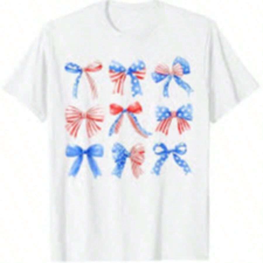 White T-Shirt For Toddlers With Patriotic 4th Of July Print, Casual, Short Sleeve, , Kindergarten Graduation, 4th Of July Girls, Children's Items, Clothing - 黃色 - 查看 1