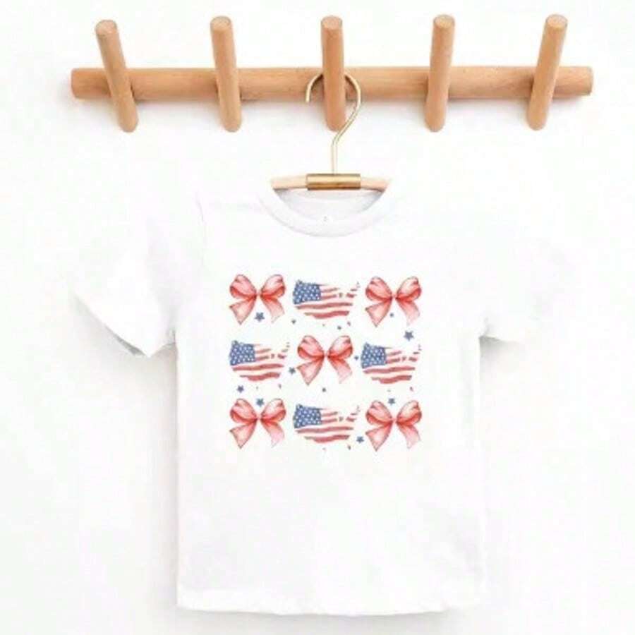 White T-Shirt For Toddlers With Patriotic 4th Of July Print, Casual, Short Sleeve, , Kindergarten Graduation, 4th Of July Girls, Children's Items, Clothing - 紫羅蘭色 - 查看 1