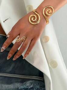 1 Set/2pcs Exaggerated Fashion Creative Design Elegant Metal Smooth Spiral Asymmetric Bracelet + Ring Jewelry Set, Suitable For Women's Daily Versatile Wear - Yellow Gold - View 6