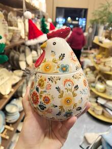 Japanese Garden Style Chick-Shaped Ceramic Storage Jar, Vintage Cute Hand-Painted Underglaze Color Jar, With Lid And Spoon, Can Store Coffee Beans, Candy, Cereal, Spices, Snacks, Dried Fruits, Baking Ingredients, Etc., Ideal For Kitchen, Living Room, Desktop Decoration And Gift Giving. - Multicolor - View 12