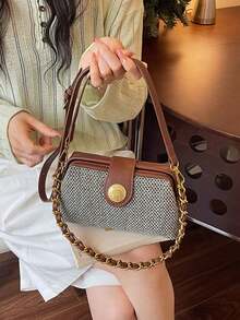Handbag, Woven Design, Flap With Strong Magnetic Closure, Equipped With Metal Chain And Adjustable Shoulder Strap, Can Be Carried As Shoulder Bag, Crossbody Or Handbag. Suitable For Commuting, Shopping, Business Trips, Travel And Daily Commute. - Brown - View 3