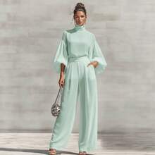 Women's Jumpsuit Romantic Date Night High Neck Long Sleeve Puff Sleeve Wide Leg Belted Waist Silky For Anniversary Valentine's Dinner Lavender - 灰色 - 查看 4